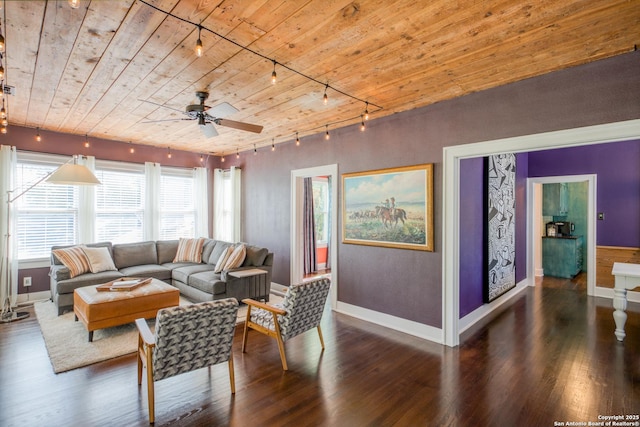 living area with wood ceiling, ceiling fan, baseboards, and wood finished floors