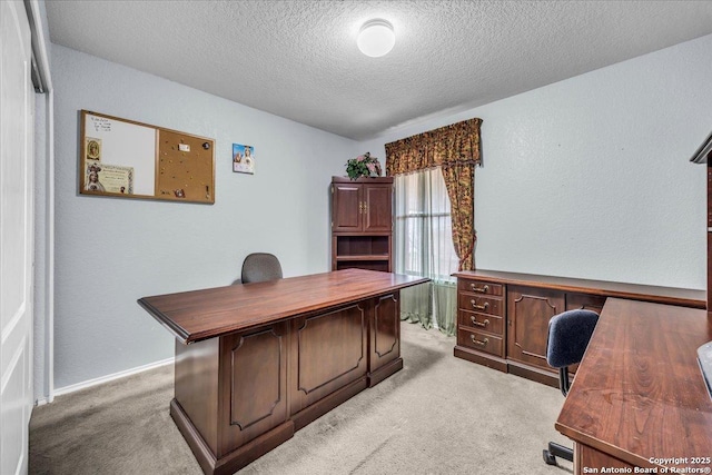 office with a textured ceiling, a textured wall, baseboards, and light colored carpet