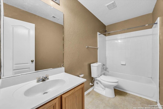 bathroom featuring a textured ceiling, a textured wall, vanity, and toilet