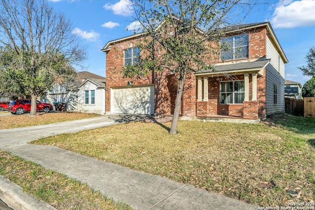 view of front of property with an attached garage, brick siding, fence, driveway, and a front yard