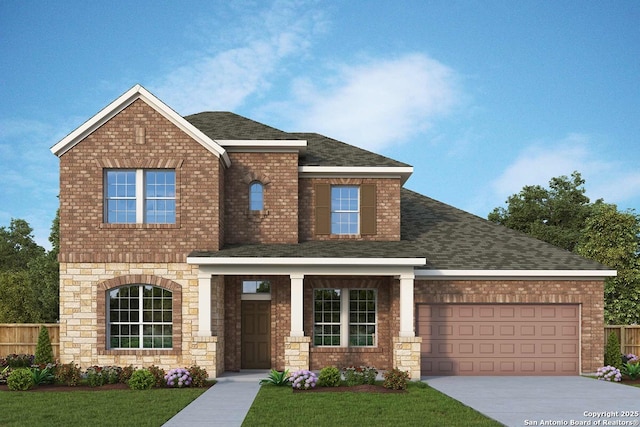 11702 Hackford, San Antonio, TX 78254 - view of front of house with a shingled roof, an attached garage, brick siding, and concrete driveway