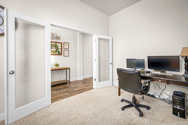 office area featuring french doors, wood finished floors, and baseboards