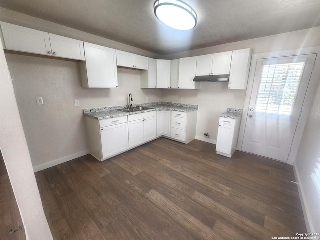 kitchen with under cabinet range hood, a sink, baseboards, white cabinets, and dark wood-style floors