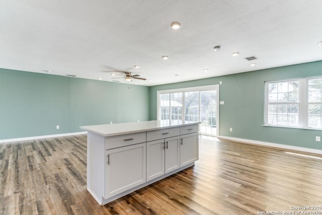 kitchen featuring baseboards, visible vents, open floor plan, and wood finished floors