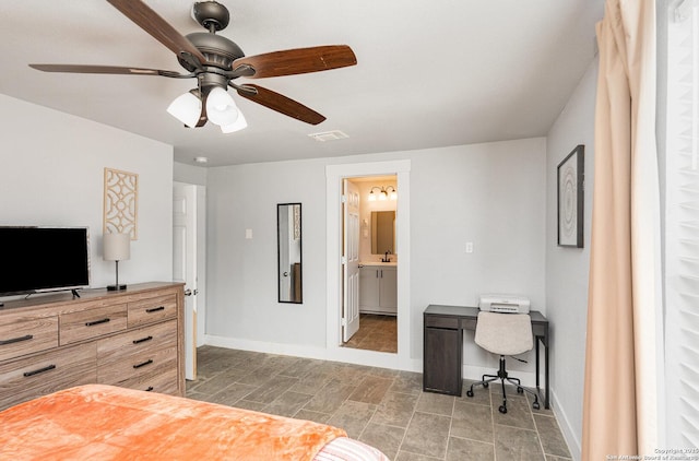 bedroom featuring visible vents, connected bathroom, baseboards, and ceiling fan