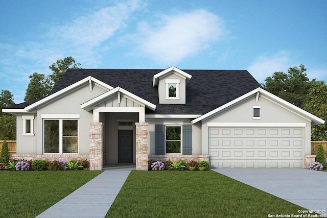 view of front of property with an attached garage, stone siding, a front lawn, and concrete driveway