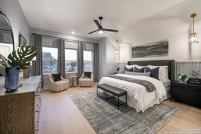 bedroom with recessed lighting, ceiling fan, and wood finished floors