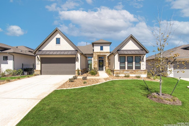 modern farmhouse featuring a standing seam roof, stucco siding, a front lawn, concrete driveway, and metal roof