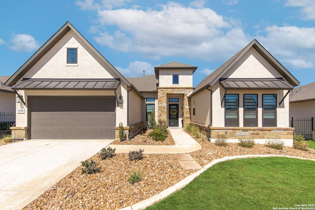 modern inspired farmhouse featuring a standing seam roof, stone siding, and stucco siding