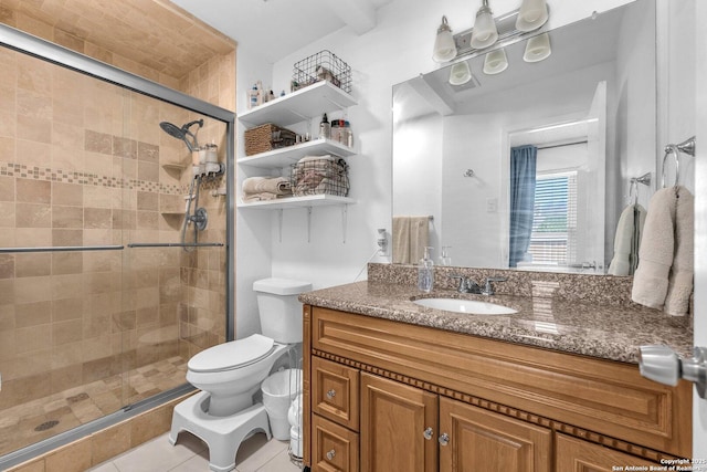 full bathroom with a stall shower, vanity, toilet, and tile patterned floors