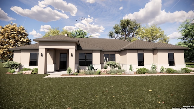 prairie-style home featuring a front lawn and stucco siding