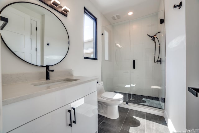 bathroom with toilet, recessed lighting, visible vents, vanity, and a stall shower