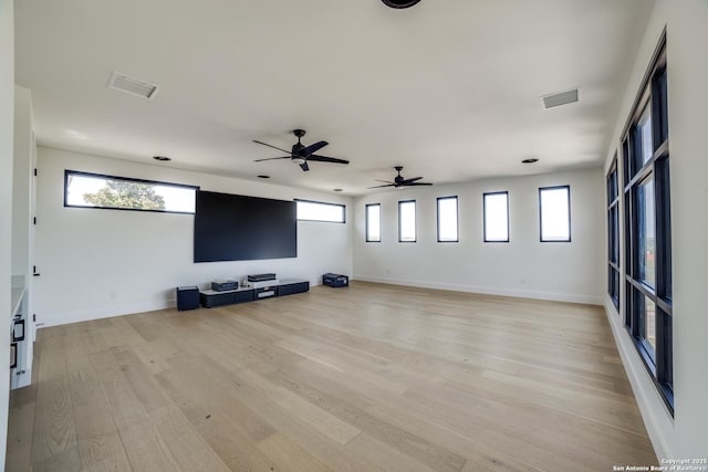 unfurnished living room with baseboards, a healthy amount of sunlight, visible vents, and light wood-style floors