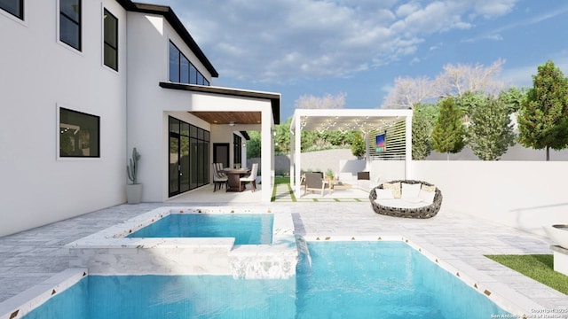 view of swimming pool featuring fence, ceiling fan, a fenced in pool, and a patio area