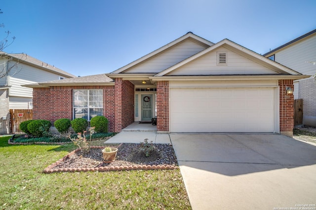 ranch-style house featuring an attached garage, concrete driveway, and brick siding