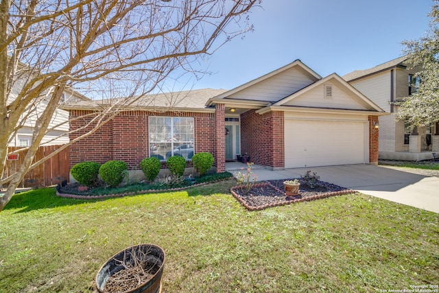 ranch-style home featuring driveway, a garage, brick siding, fence, and a front yard