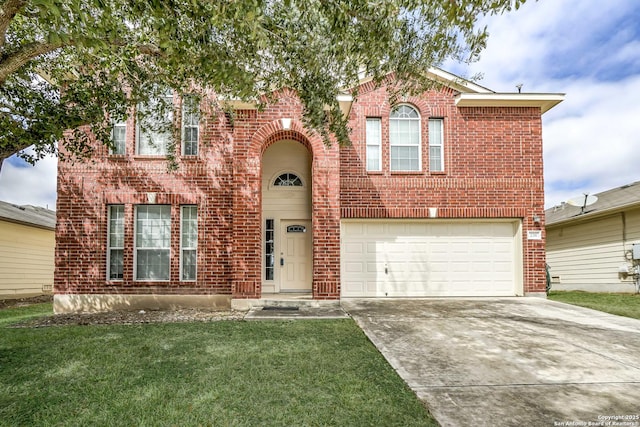 traditional home featuring an attached garage, a front lawn, concrete driveway, and brick siding