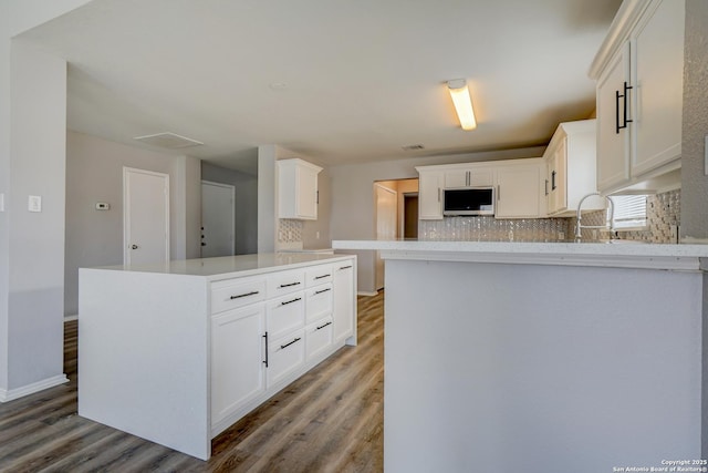 kitchen featuring wood finished floors, white cabinetry, and decorative backsplash