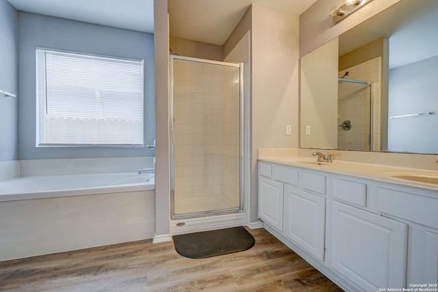 full bath featuring a sink, a shower stall, and wood finished floors