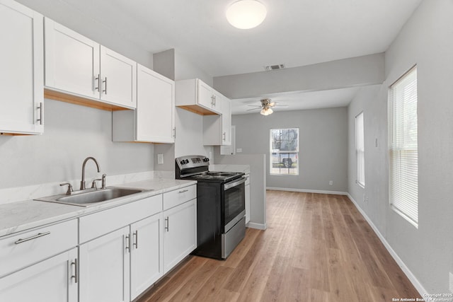 kitchen featuring ceiling fan, a sink, visible vents, white cabinetry, and stainless steel range with electric cooktop