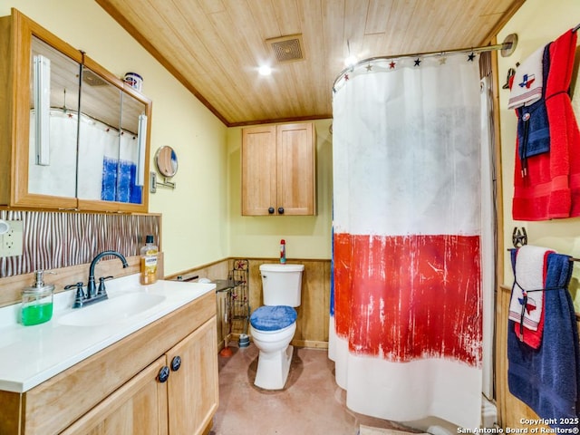 bathroom featuring visible vents, wainscoting, toilet, wooden ceiling, and vanity