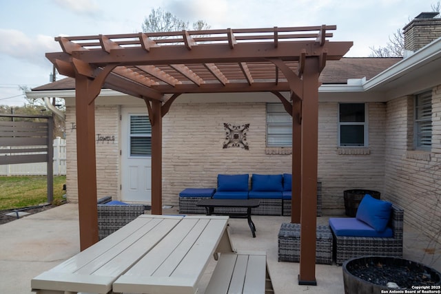 view of patio / terrace with outdoor dining space, a pergola, fence, and an outdoor hangout area