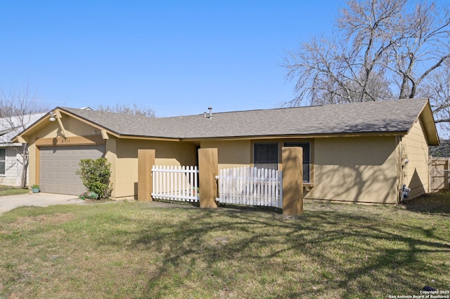 single story home featuring stucco siding, an attached garage, a front yard, fence, and driveway