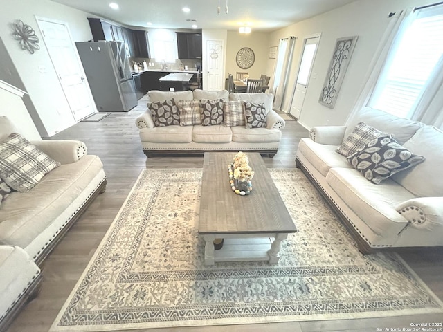 living area with plenty of natural light, baseboards, wood finished floors, and recessed lighting