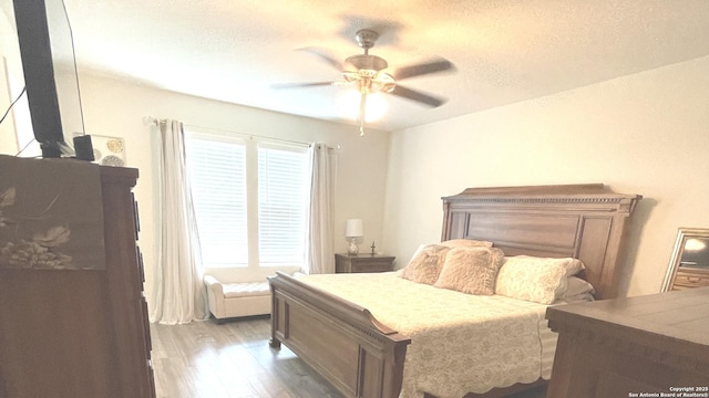 bedroom featuring a ceiling fan, a textured ceiling, and wood finished floors