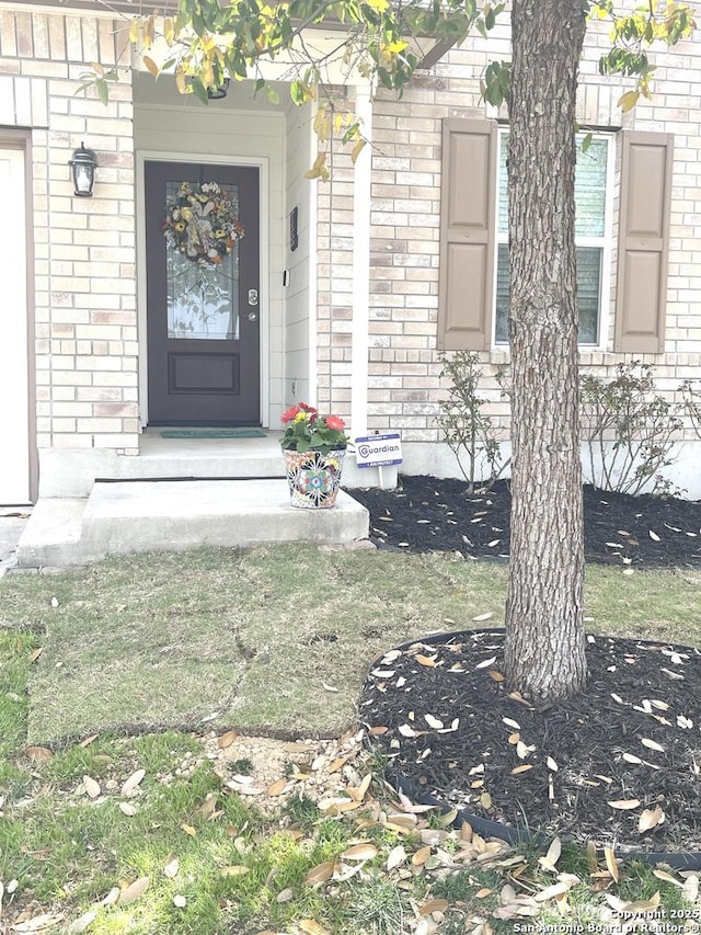 doorway to property with brick siding