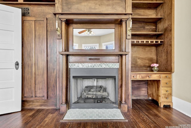 317 Wickes, San Antonio, TX 78210 - detailed view of a fireplace, wood finished floors, and a ceiling fan
