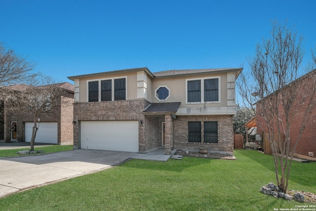 view of front facade featuring a garage, a front yard, concrete driveway, and brick siding