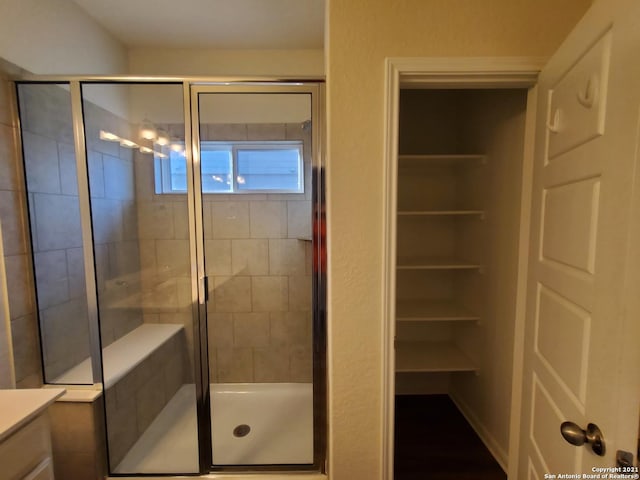 full bathroom with a shower stall, vanity, and a spacious closet