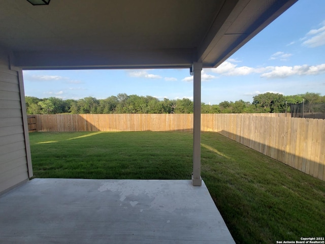 view of yard with a fenced backyard and a patio