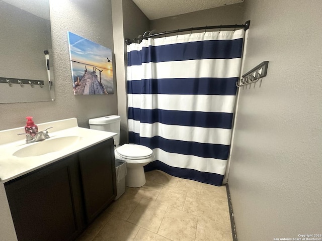 full bathroom with a textured ceiling, a textured wall, curtained shower, toilet, and vanity