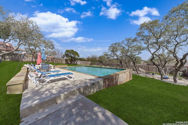 view of swimming pool with a fenced backyard, a patio, a fenced in pool, and a yard