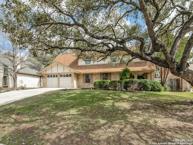 view of front of house with brick siding, a shingled roof, concrete driveway, a front yard, and a garage