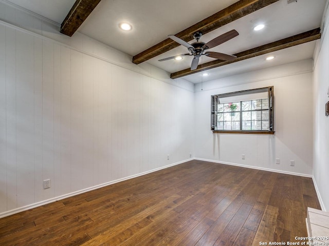 empty room with recessed lighting, a ceiling fan, baseboards, dark wood-style floors, and beamed ceiling