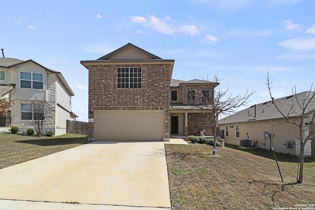 traditional-style house with driveway, brick siding, cooling unit, and fence