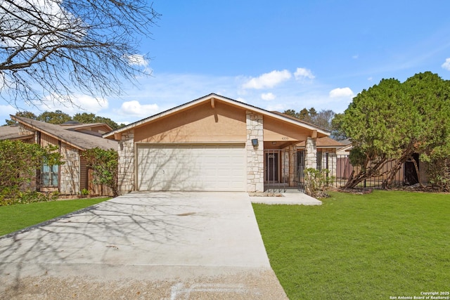 mid-century modern home with stucco siding, a garage, stone siding, driveway, and a front lawn