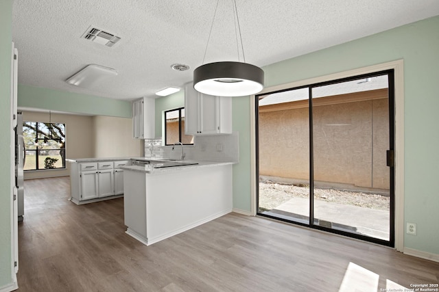 kitchen featuring visible vents, backsplash, a sink, wood finished floors, and a peninsula