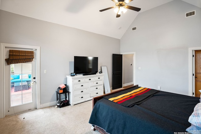 carpeted bedroom featuring visible vents, high vaulted ceiling, and ceiling fan