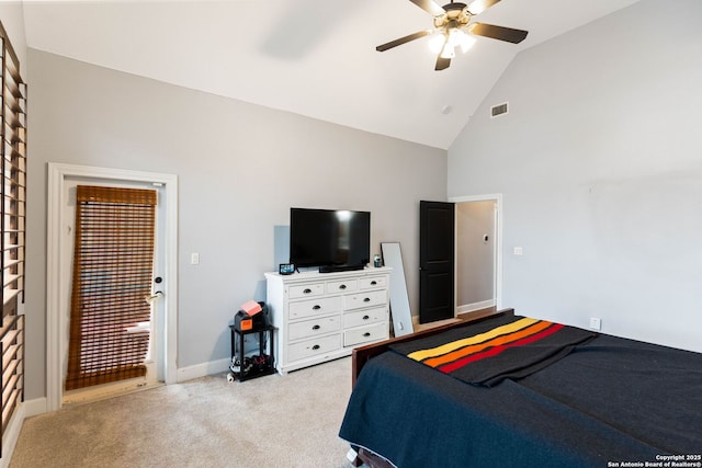 bedroom featuring a ceiling fan, visible vents, baseboards, high vaulted ceiling, and light colored carpet