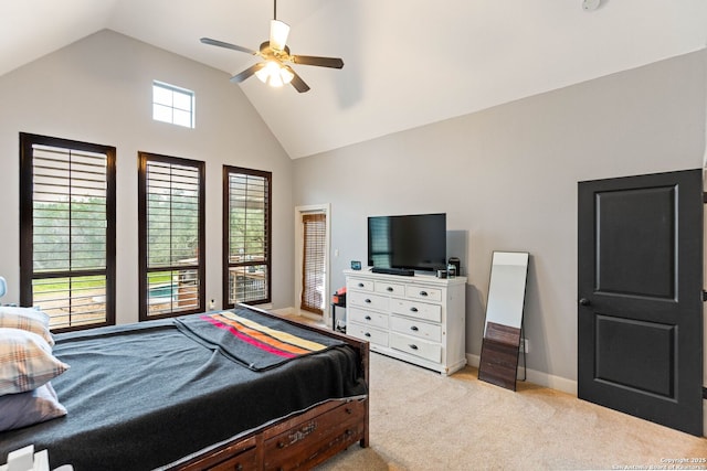 bedroom featuring carpet flooring, ceiling fan, high vaulted ceiling, and baseboards