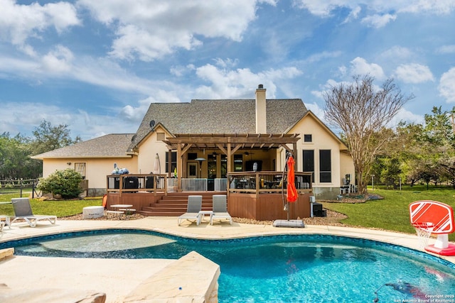 rear view of property featuring stucco siding, a chimney, a deck, a patio area, and a pergola