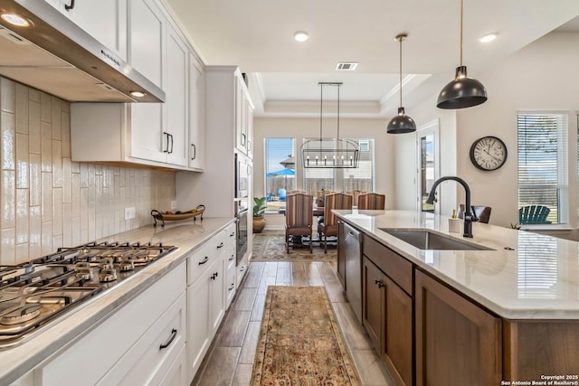 kitchen with visible vents, a sink, range hood, appliances with stainless steel finishes, and wood tiled floor