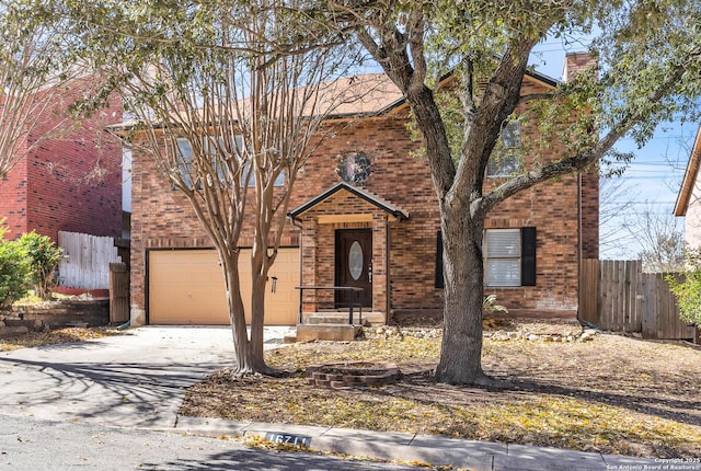 view of front of home with brick siding, driveway, a garage, and fence