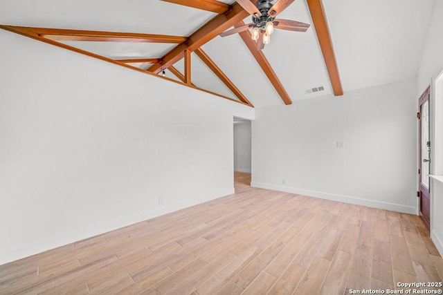 empty room with visible vents, ceiling fan, baseboards, beam ceiling, and light wood-style floors