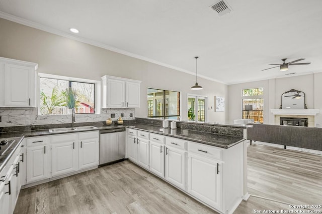 kitchen featuring ornamental molding, a sink, a glass covered fireplace, a peninsula, and dishwasher