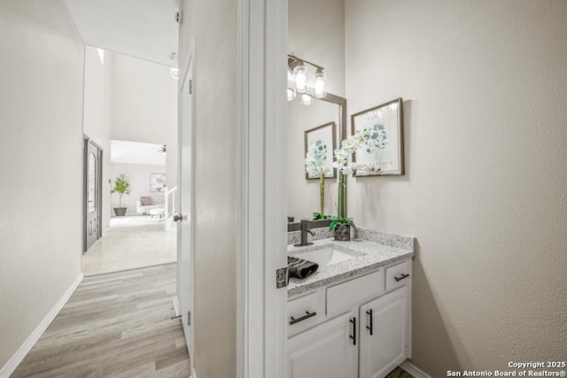 bathroom with vanity, baseboards, and wood finished floors